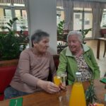 Dve starejši gospe v jedilnici nazdravljata s sokom v kozarcih. Okrog njiju so rastline in svetla notranjost doma za starejše.