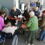 Skupina starejših ljudi in skrbnikov stoji okrog mize na prostem, kjer skupaj sadijo rože v podolgovate rjave cvetlične lonce. Nekateri so v invalidskih vozičkih, drugi stojijo ali sedijo ob mizi in sodelujejo pri sajenju. Vzdušje je delovno in skupnostno.