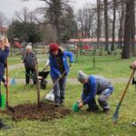Več starejših oseb sodeluje pri sajenju drevesa na zelenici. Nekateri kopljejo, drugi držijo sadiko ali stojijo s pripomočki za vrtnarjenje. V ozadju je lesen vrtni objekt in drevje brez listja.
