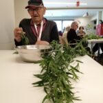 Starejši moški z nasmeškom sedi za mizo in v kovinsko posodo odlaga vejice pehtrana. V ospredju je sveže nabrano zelišče razporejeno po mizi.