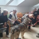 Stanovalke doma se z nasmeški obračajo proti velikemu psu, ki je na povodcu. Pes prejema pozornost in prijazne dotike. V ozadju več oseb spremlja dogajanje.