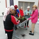 Skupina starejših žensk in animatorke skupaj zasaja rože v visoko gredo na kolesih. Vse osebe so zbrane okoli gredice, polne zemlje in cvetlic. Dogodek poteka na terasi doma starejših.