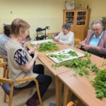 Štiri starejše ženske sedijo ob mizi in pripravljajo zelišča za sušenje. Ena izmed njih uporablja invalidski voziček. Na mizi je veliko svežih vejic z listi, ki jih odstranjujejo.