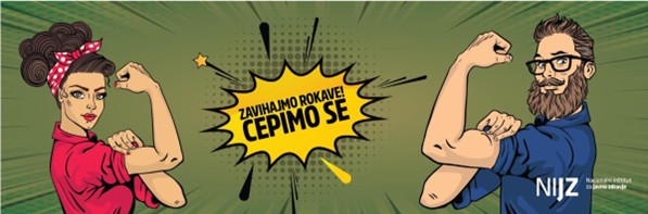 Ilustracija moškega in ženske, ki zavihata rokave in kažeta mišice, z napisom 'Zavihajmo rokave! Cepimo se'.