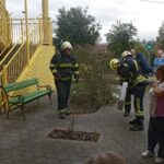 Gasilci v zaščitnih oblekah izvajajo prikaz evakuacije pred domom za starejše.