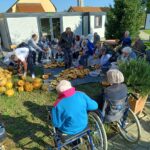 Skupina starejših oseb sedi zunaj pred stavbo in skupaj trebi buče. Na tleh je veliko razpolovljenih buč, nekateri udeleženci sedijo v invalidskih vozičkih.