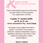 Rožnati plakat z logotipom Europe Donna in rožnato pentljo v obliki srca. Vabi na Roza stojnico ob Rožnatem oktobru v Domu starostnikov Ptuj – enota Žabjak.