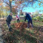 Trije udeleženci grabijo listje v kup na travi med drevesi.