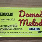Rumena vstopnica za koncert Domačih melodij, s podatki o prizorišču, datumu in oznako »GRATIS«.