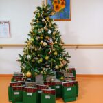 Okrašeno božično drevo v notranjem prostoru doma, pod njim so pripravljena darilna pakiranja za stanovalce.