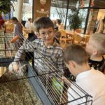 Otroci opazujejo zajčka v kletki med Miklavževim obiskom v domu.