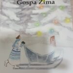 Naslovnica slikanice »Gospa Zima« avtorice Žive Viviane Doria z ilustracijo deklice ob saneh v zimskem prizoru.