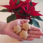 Roka drži tri zvezdaste medenjake, v ozadju je rdeča božična zvezda v lončku.