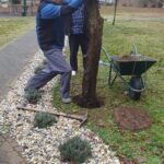 Zaposleni pomaga stanovalcu pri nameščanju ptičje hišice na drevo.