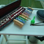 Na pladnju so glasbila: flavta v etuiju, kovinski ksilofon z paličicama, ropotuljica in manjši tolkalni instrument.