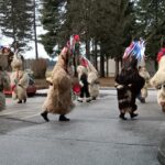 Več oseb v kožuhastih pustnih kostumih hodi po zunanji poti med drevesi in parkiranimi vozili.