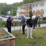 Tri osebe z grabljami urejajo travnato površino ob dvignjeni gredi in odstranjujejo rastlinske ostanke.