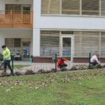 Več oseb ob ograji ureja gredice; ena oseba uporablja puhalnik listja, druge odstranjujejo rastline in listje.