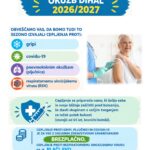 Plakat Doma upokojencev Ptuj o cepljenju v sezoni okužb dihal 2026/2027. Na voljo so cepljenja proti gripi, covidu-19, pnevmokoknim okužbam in RSV. Več informacij dobite pri oddelčni sestri.