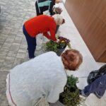 Tri osebe presajajo cvetoče rastline v velike zunanje lonce ob stavbi.