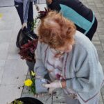 Skupina oseb ureja zasaditve v velikih zunanjih cvetličnih loncih.